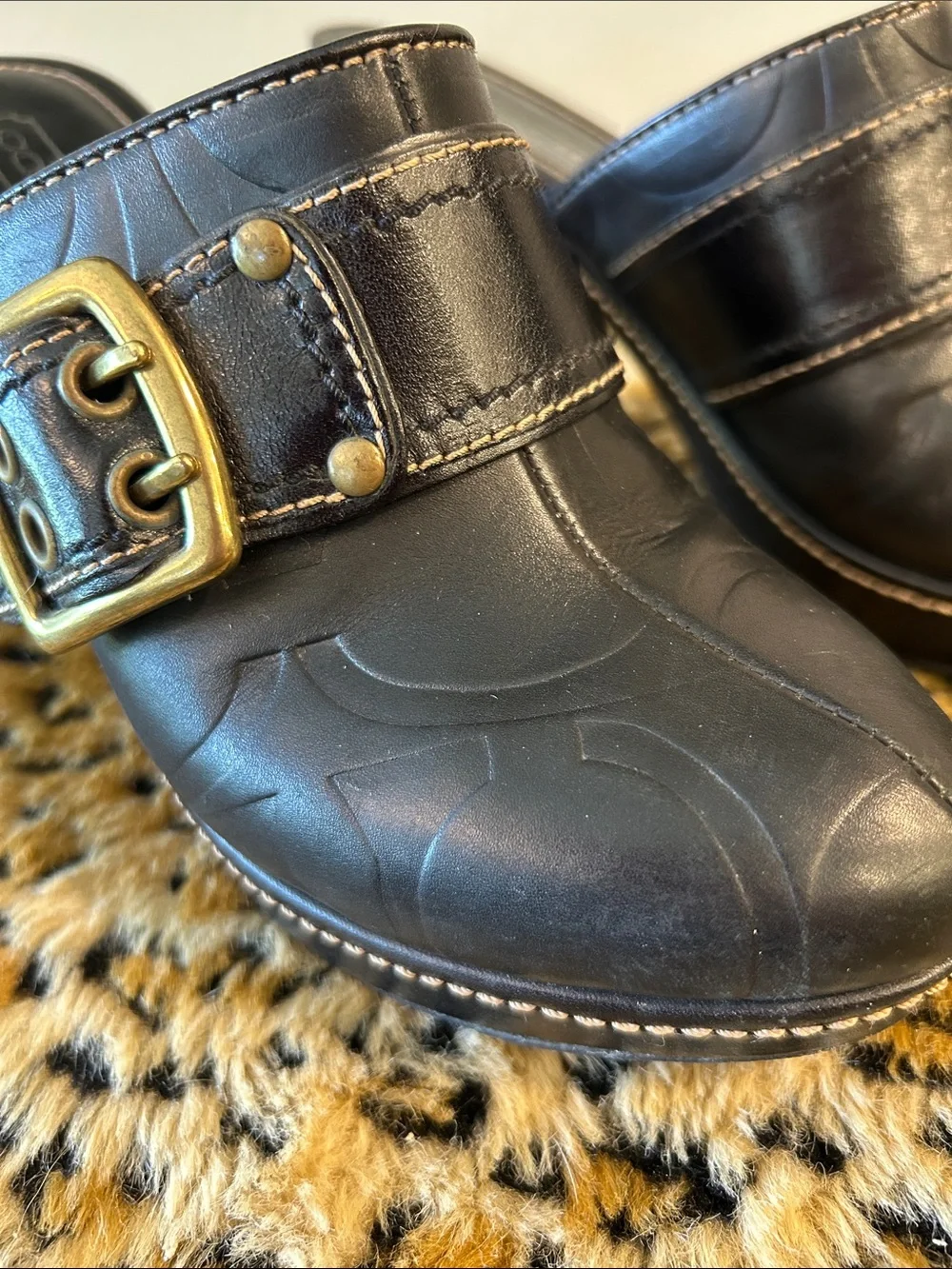 Coach Black Leather Buckle Clog Heels
